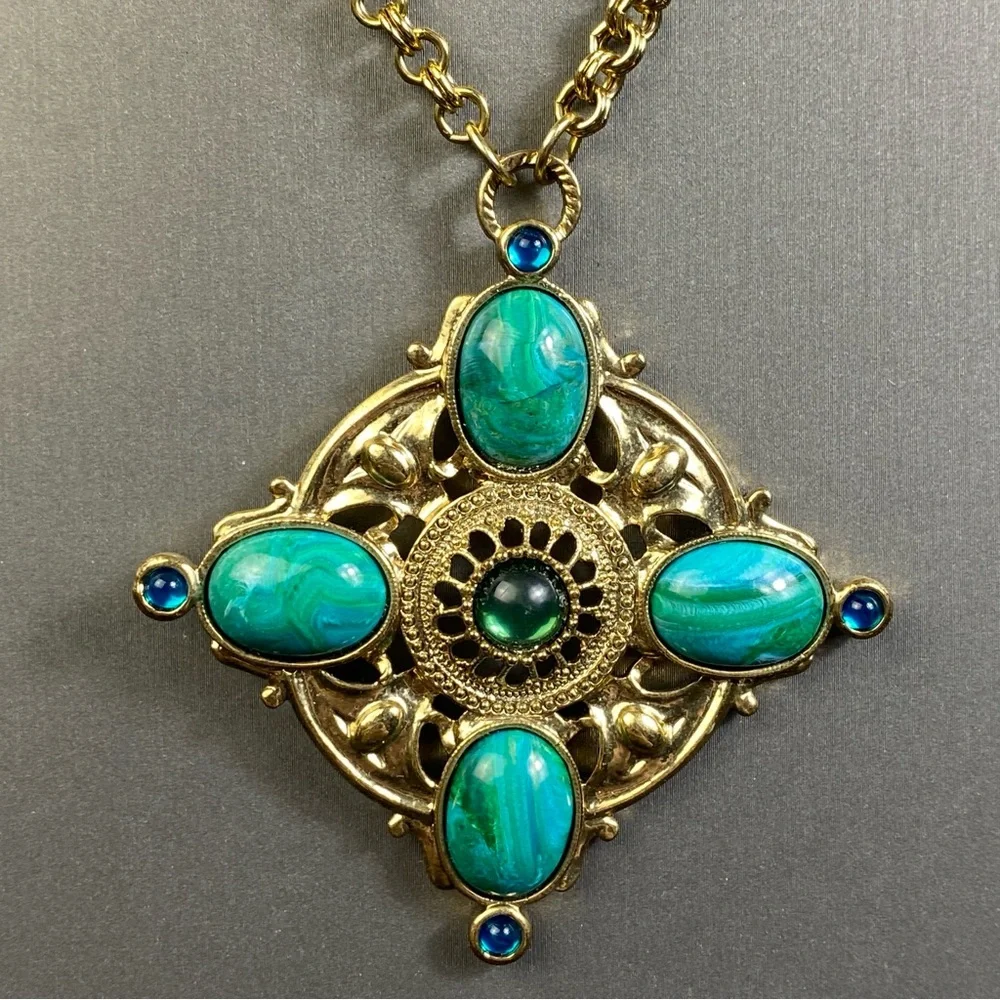 Vintage 1928 Chain Necklace Gold Tone Faux Pearl & Blue Green Cabochons 28" - Picture 3 of 12